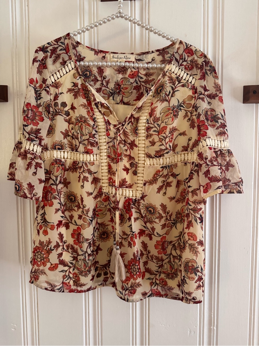 Indigo Rose Cream Floral Tie-Front Boho Blouse
